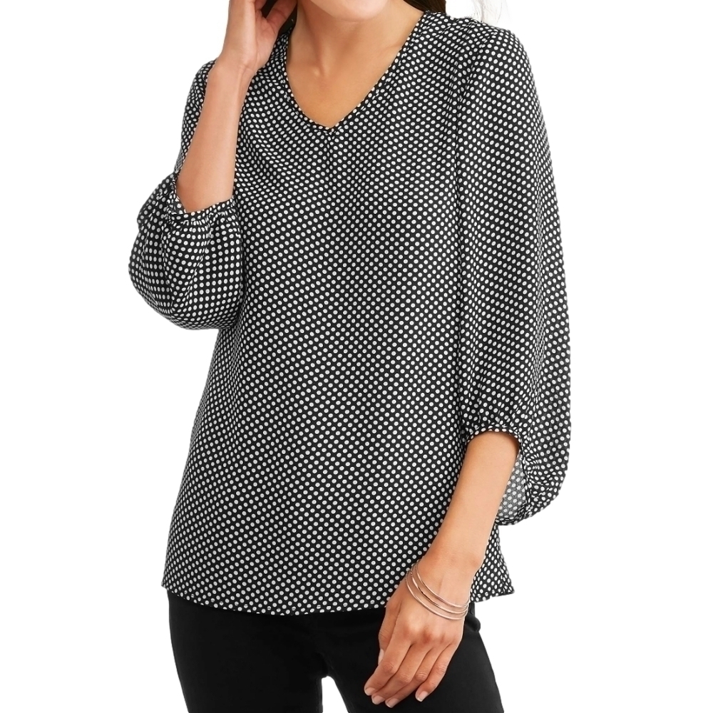 Como Black black and white polka dot 3/4 sleeve blouse, size M, New with Tags